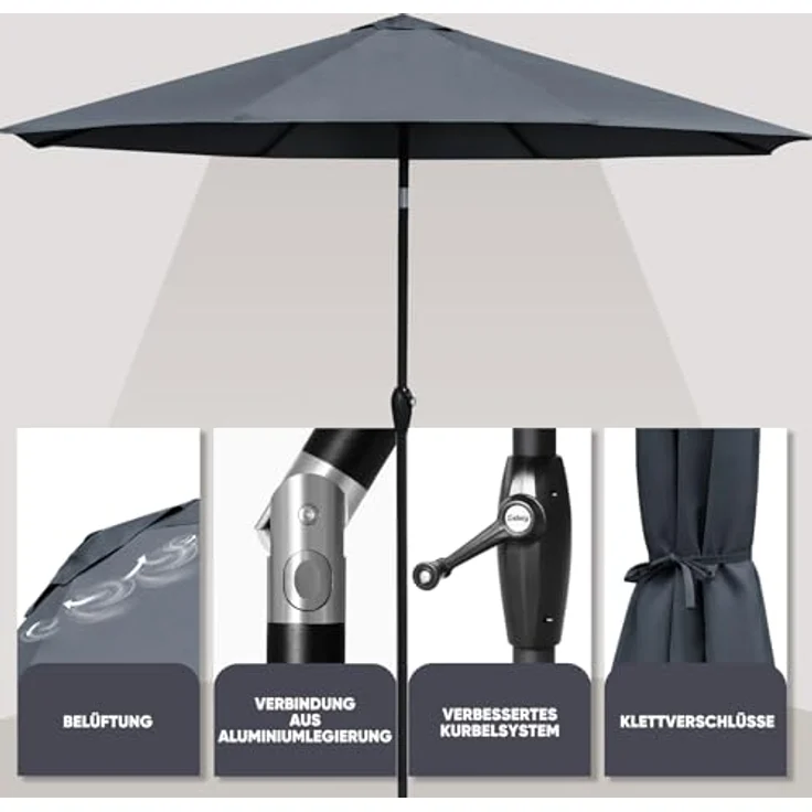 Sekey Sonnenschirm 3m Marktschirm mit Kurbel, Gartenschirm, 8 Streben, Sonnenschutz 50+, LxB: 300,00x300,00 cm, mit/ohne LED-Lichtern, Terrassenschirm Rund – Bild 6