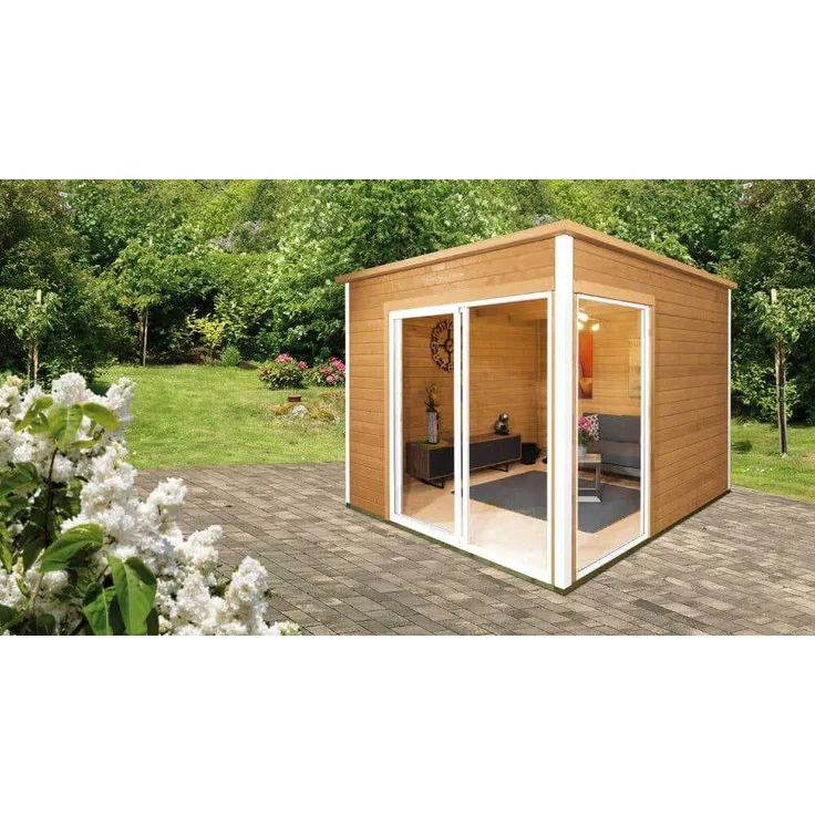Wolff Finnhaus Wolff Gartenhaus Studio 44-B (optional mit Anbaudach 504x300 Gartenhaus aus Holz Holzhaus mit 44 mm Wandstärke inklusive Schlafboden inklusive Schleppdach Blockbohlenhaus