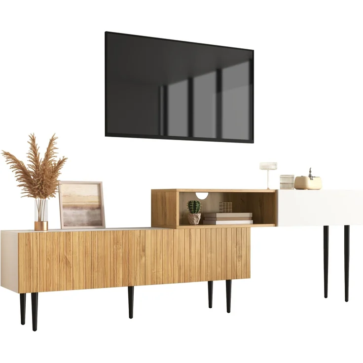 Merax TV-Schrank mit verstellbarer Länge, Modulares 2-teiliges Design, Holzoptik + Weiß matt, Schwarze Metallbeine – Bild 10
