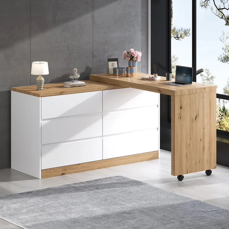 ZUBALIYA Schreibtisch mit feststellbaren Rollen – multifunktionales Design, 4 cm dickere, drehbare Tischplatte, fest arretierbar, weiß/Eiche, Faltbarer Schreibtisch, Eckschreibtisch, Sideboard,Dicke Materialie – Modell N880P4642189O – Bild 1