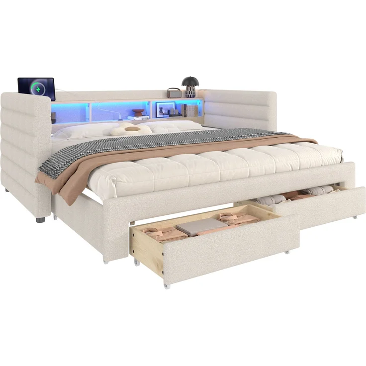 Merax Polsterbett, 90 × 190 cm, Tagesbett, Daybett, Schlafsofa, multifunktionales Ausziehbett-Design, USB- + Typ-C-Anschlüsse, mit 2 Schubladen, LED-Lichtleiste, Samt, beige – Bild 10