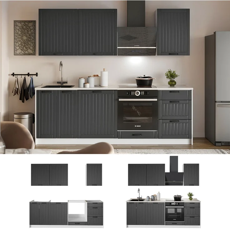 Küchenzeile Fame-Line Dunkelgrau/Weiß 230 cm, AP Marmor Vicco – Bild 4