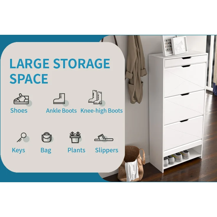 ZUBALIYA Schuhschrank (63 x 26 x 136,5 cm), 3 Schubladen, Aus MDF, Aufbewahrung für Schuhe, Hausschuhe und Schuhzubehör, Weiß – Bild 10