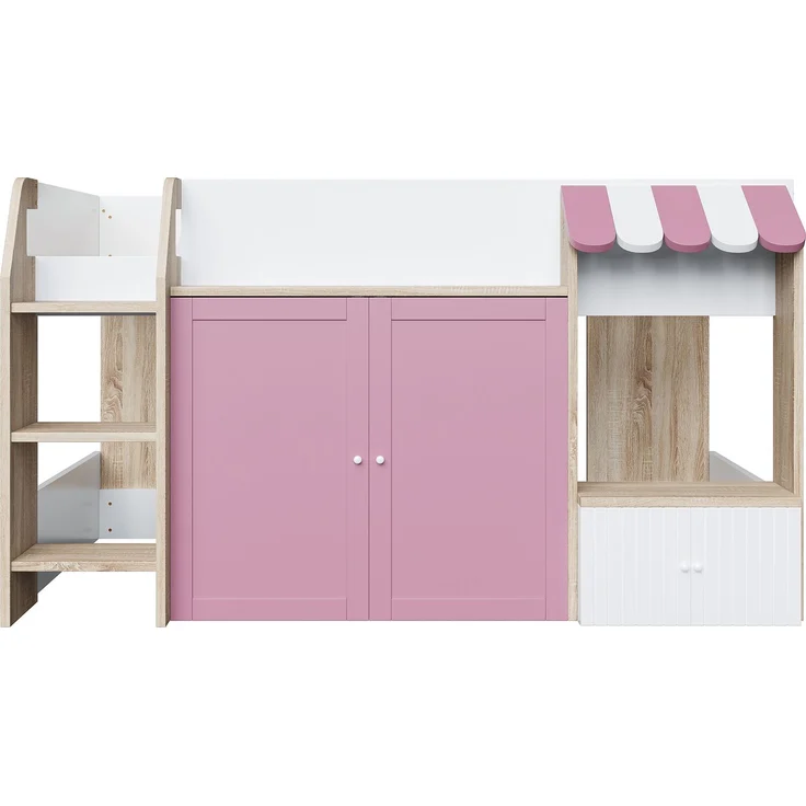 Kinder Hochbett 90x200 niedrig mit Haus-Design - Spielbett mit zweiter Liegefläche, Stauraum, breiter Leiter, weiß & Rosa – Bild 7