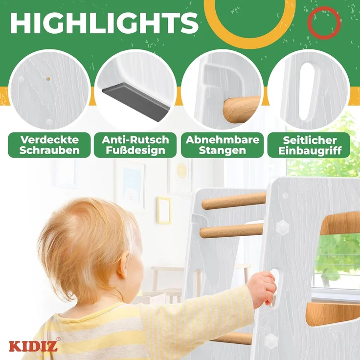 KIDIZ® Lernturm für Kinder ab 1 Jahr inkl. Lernuhr | 3-stufig Höhenverstellbarer Tritthocker aus Kiefernholz | spielerisch motorische Fähigkeiten fördern Montessori Learning Tower bis 50 kg belastbar Weiß / Hellbraun – Bild 8