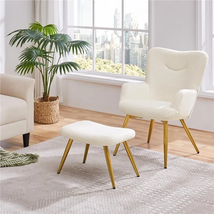Yaheetech Sessel Ohrensessel mit Hocker aus Boucle-Gewebe, Relaxsessel mit Fußstütze, Loungesessel mit Klappbarer Rückenlehne, Fernsehsessel für Wohnzimmer/Schlafzimmer Elfenbein – Bild 2