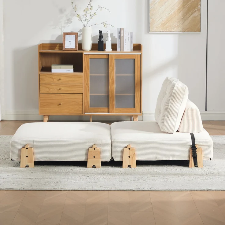 Schlafsessel aus Cord, klappbar mit Holzgestell, 90x86x84 cm, Beige – Bild 7