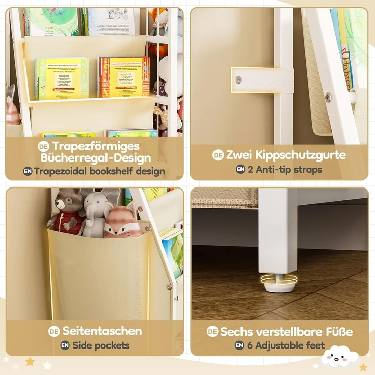 Yorbay Spielzeugtruhe 2 in 1 Bücherregal Kinderregal, Kinderzimmerregal mit Aufbewahrungsbox & Taschen, 84x30x76cm – Bild 6