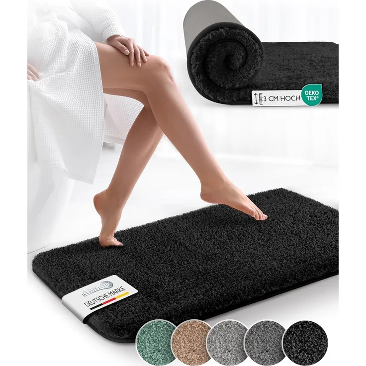 Beautissu Badematte rutschfest 120x70 cm – Duschvorleger Hochflor Badteppich rutschfest Waschbar Shaggy Optik – Flauschig Badvorleger Badezimmerteppich Groß – Badematte Schwarz BeauMare FL