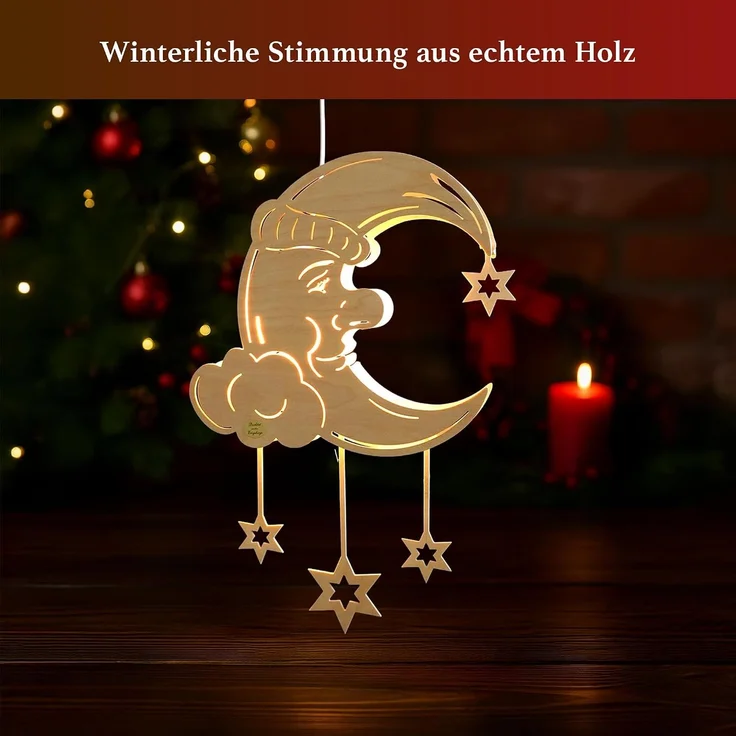 Saico LED-Fensterbild Träumender Mond am Sternenhimmel Holz 44 cm warmweiß natur – Bild 3