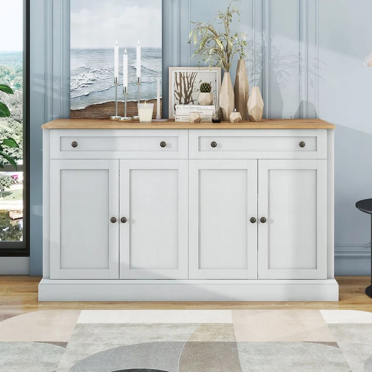 Sideboard Weiß mit Naturholz-Optik, 4 Türen 2 Schubladen, großer Stauraum, Wohnzimmer Anrichte Buffetschrank – Bild 2
