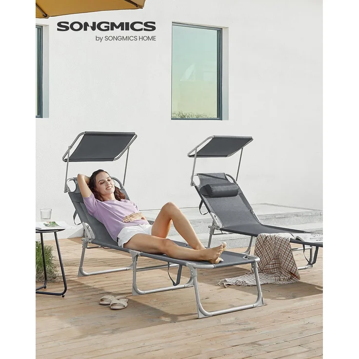 SONGMICS Sonnenliege, 2er Set, Liegestuhl, bis 250 kg belastbar, 193 x 53 x 29 cm, mit Sonnendach und Verstellbarer Rückenlehne GCB19UV1-2 – Bild 2