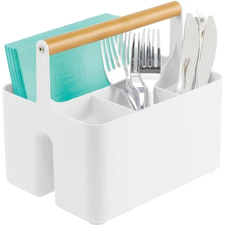 mDesign Besteckkorb Aufbewahrungskorb Holzgriff 4 Fächer Organizer Weiß – Bild 8