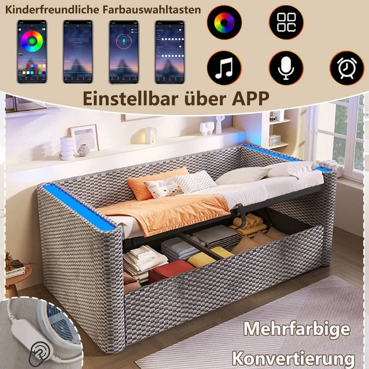 Odikalo Schlafsofa Schlafcouch Tagesbett 90x200 mit Lattenrost, Daybett, Schlafsofa, 90 × 200 cm, 180 × 200 cm, multifunktionales Ausziehbett-Design mit LED-Lichtleiste, Lattenrost (ohne Matratze), Samt, Grau / Beige – Bild 4