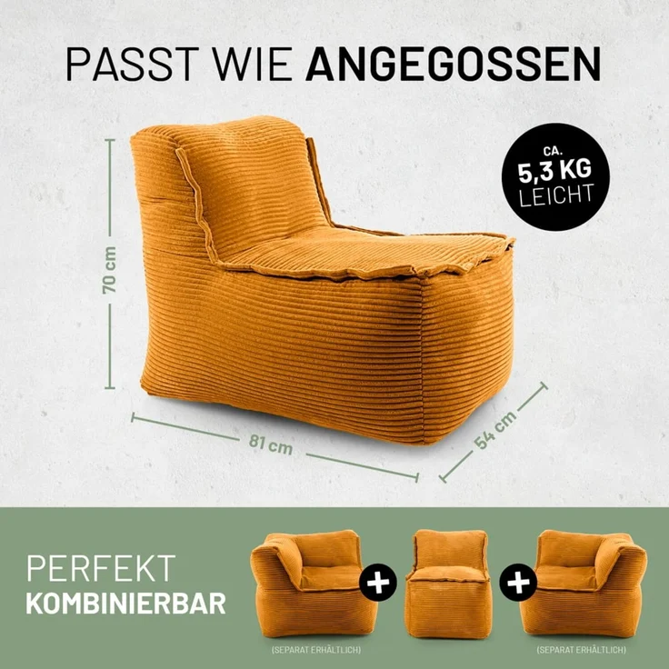 Lumaland Sitzsack-Sofa, Polyester, Mittelteil, Cord - Senfgelb, 70 x 81 x 54 cm – Bild 2
