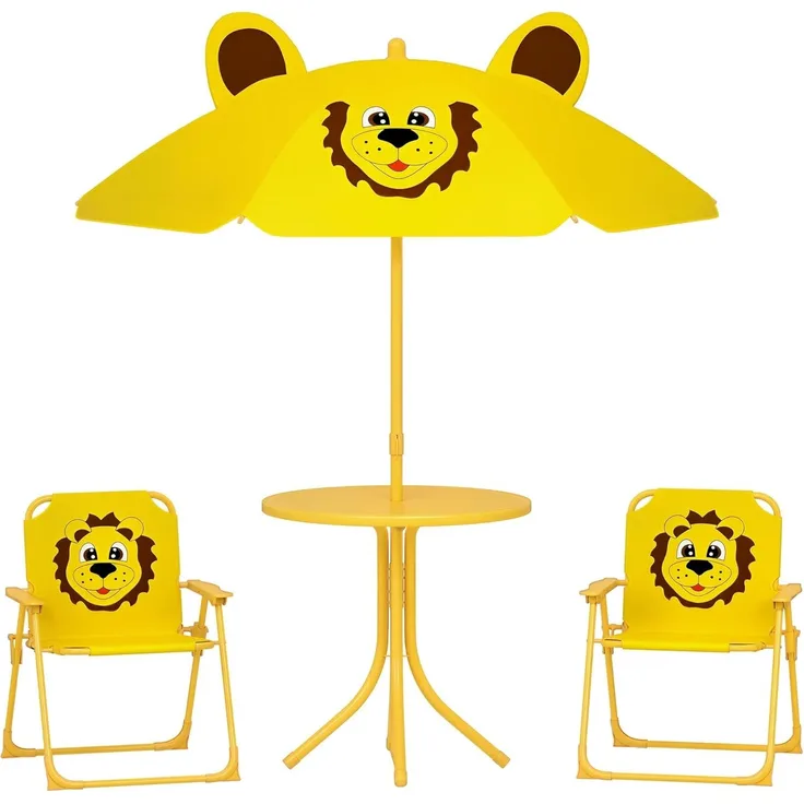 AIYAPLAY Garten-Kindersitzgruppe Kindersitzgarnitur mit höhenverstellbarem Sonnenschirm, (Gartentisch, 2 Klappstühle, 4-tlg, Löwen-Design für 2-5 Jahre Kinder), Gelb