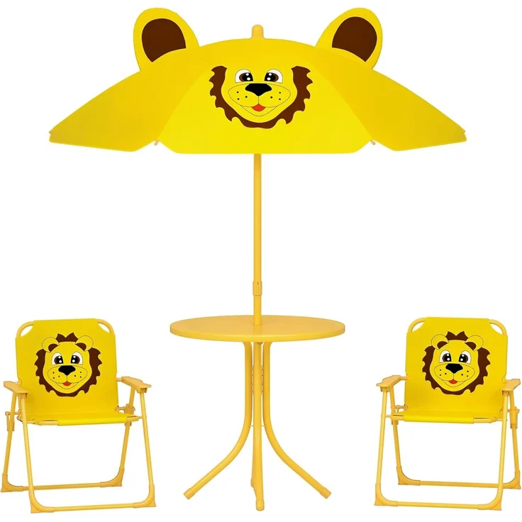 AIYAPLAY Garten-Kindersitzgruppe Kindersitzgarnitur mit höhenverstellbarem Sonnenschirm, (Gartentisch, 2 Klappstühle, 4-tlg, Löwen-Design für 2-5 Jahre Kinder), Gelb – Bild 1