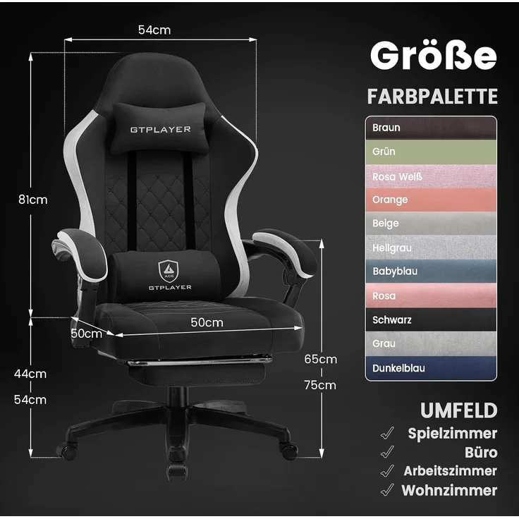 GTPLAYER Gaming Stuhl Ergonomischer Gaming Sessel Schreibtischstuhl mit Stoffoberfläche, Federsitzkissen, Verbindungsarmlehnen und Fußstütze, Schwarz – Bild 6