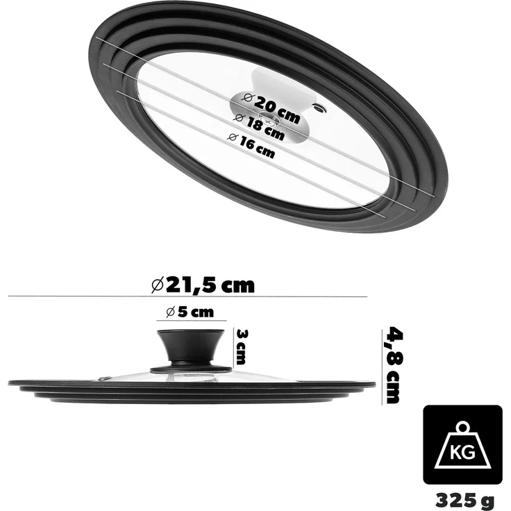 KADAX Universaldeckel 16/18/20 cm, Universal Deckel für Töpfe & Pfannen, Pfannendeckel, Glasdeckel mit Silikonrand und Dampfloch, Topfdeckel (Mattschwarz) – Bild 6