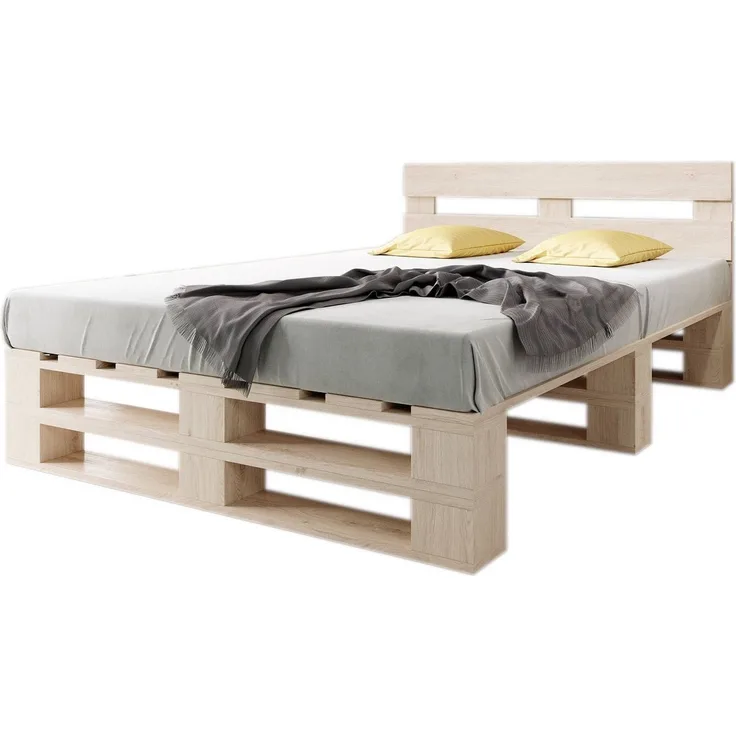 sunnypillow Palettenbett M2 aus Holz 140x200 cm mit Kopfteil und 2 Bettkästen. Doppelbett, Familienbett - erhöhtes Ehebett Bettgestell Futonbett Komforthöhe Naturholz Massivholzbett