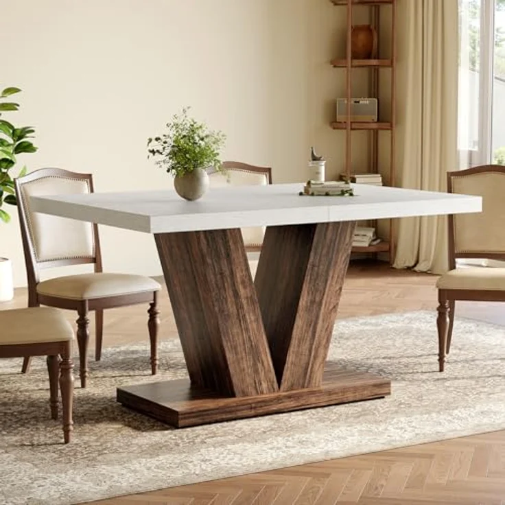 LITTLE TREE 47 Zoll Esstisch für 4 Personen, moderner Esszimmertische, weißer rechteckiger Küchentisch mit rustikalem, braunem V-förmigem Sockel, Esstisch aus Holz für Esszimmer, Küche, Wohnzimmer – Bild 2