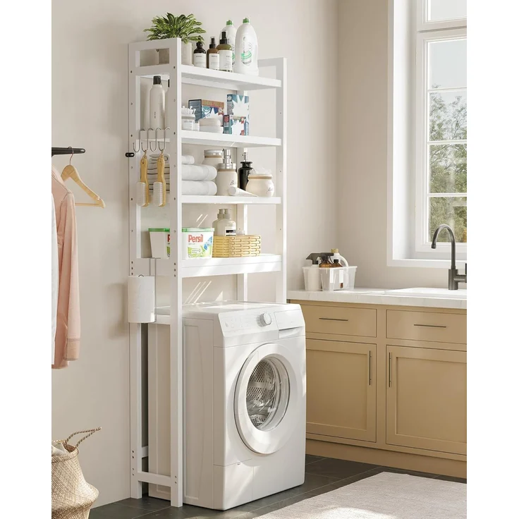 Songmics 4-stöckiges Toilettenregal, verstellbare Ablagen, Bambus wolkenweiß, 185 x 26 x 63 cm – Bild 8