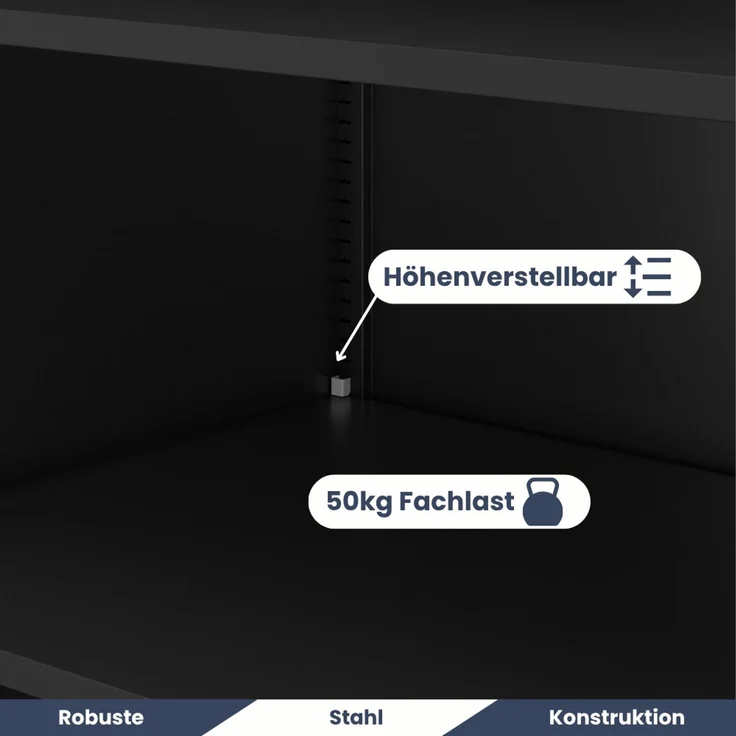 Aktenschrank abschließbar KADO - 6 Ebenen verstellbar, Flügeltüren | Metallschrank Werkstatt Mehrzweckschrank Büroschrank aus Stahl Werkzeugschrank, 220 x 115 x 40 cm Schwarz – Bild 4