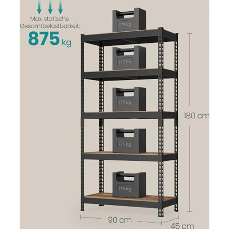 SONGMICS Schnelle Montage, Schwerlastregal 2er Set, Standregal, Lagerregal, Küchenregal, Regal, 5 Ablagen, 45 x 90 x 180 cm, bis 875 kg belastbar, für Keller, Küche, Arbeitszimmer, vintagebraun – Bild 3