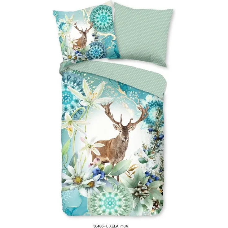 hip Wendebettwäsche Xela, Satin, 2 teilig, Mako-Satin, 135x200, Reißverschluss, Wendeoptik, Winter, Reh, Grün