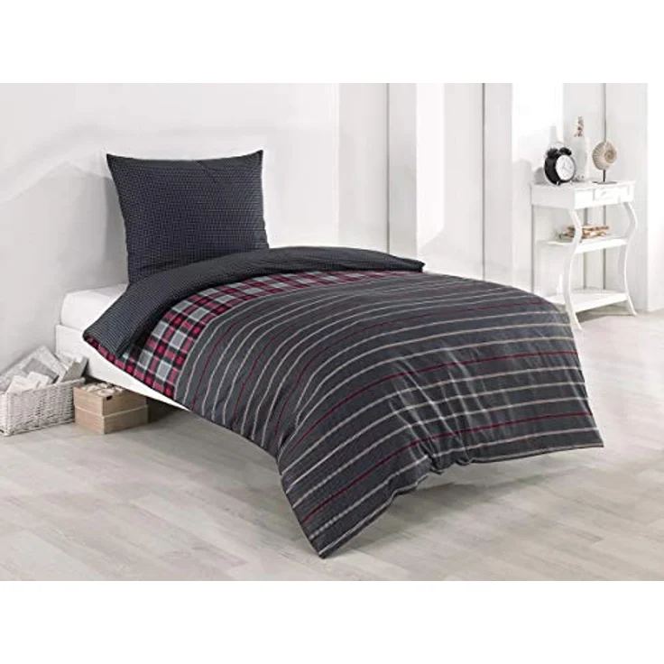 Buymax Bettwäsche Bettbezug Set, Renforcé, 2 teilig, 135x200 cm 100% Baumwolle Reißverschluss gestreift Antrazit Grau Rot – Bild 2