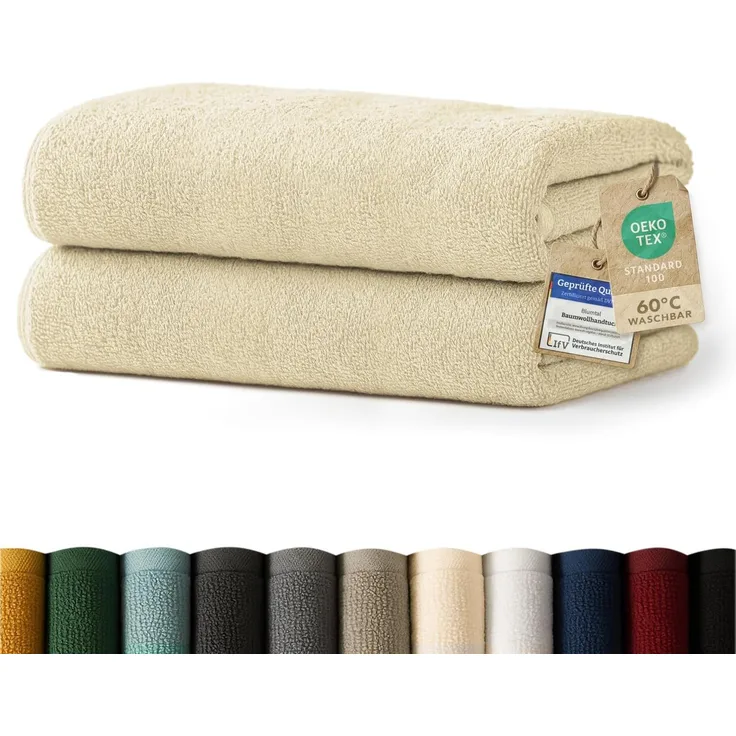 Blumtal Premium Frottier Handtücher Set mit Aufhängschlaufen - Baumwolle Oeko-TEX Zertifiziert, weich, saugstark - 2X Badetuch (70x140 cm), Sand (Beige)