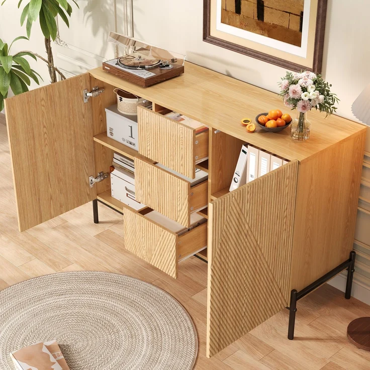 Merax Sideboard mit geometrischer Struktur, Doppeltüren, Mittlere Schublade, Viel Stauraum, Multifunktionaler Aufbewahrungsschrank für Wohn-/Esszimmer – Bild 3