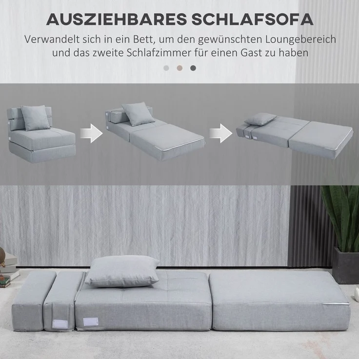HOMCOM 2-in-1 Klappsessel mit Bettfunktion und Kissen, Gästebett, bis 120 kg Belastbar, Hellgrau, 70 x 174 x 15 cm – Bild 4
