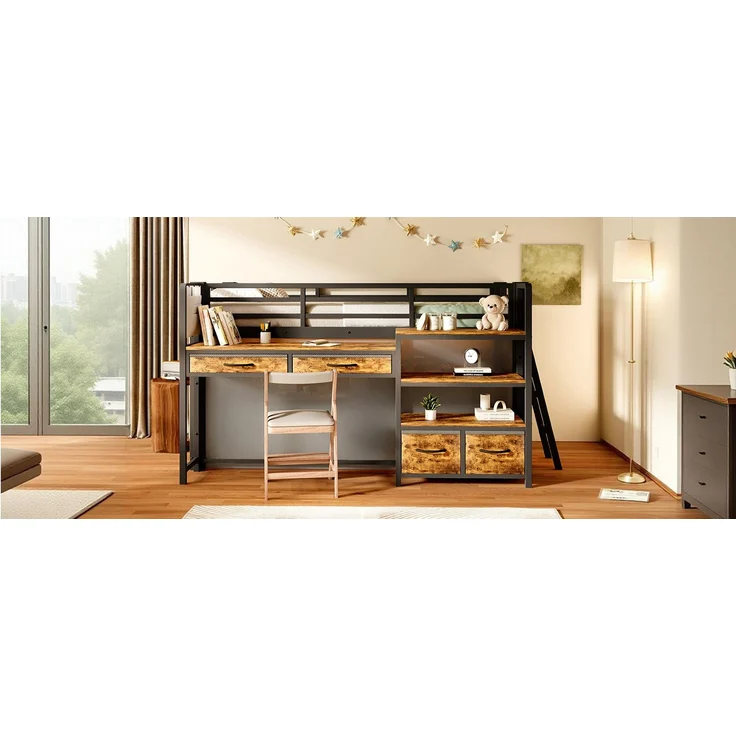 ZUBALIYA Hochbett 90x200 cm mit Schreibtisch, Stauraum und Stoffschubladen, Kinderbett aus Metall mit Vorhang, mehrschichtigem Regal und LED-Licht, Schwarz – Bild 14