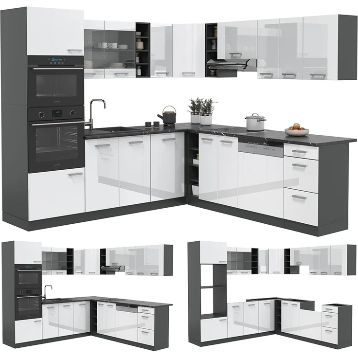 Eckküche R-Line Weiß Hochglanz/Anthrazit 247 x 237 cm ohne Arbeitsplatte Vicco – Bild 6