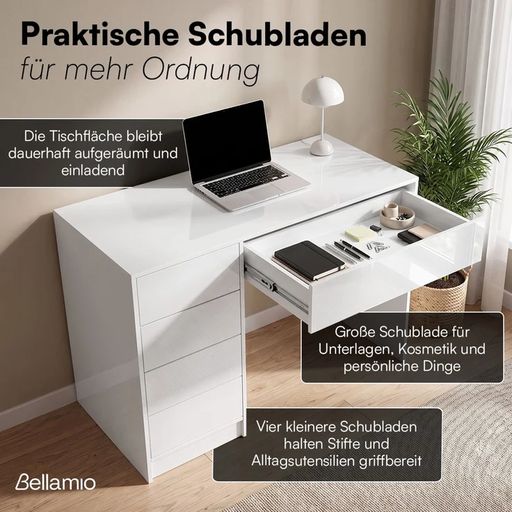 Bellamio 'Livny' Schreibtisch mit 5 Schubladen, beidseitig montierbar, weiß Hochglanz, 80x53x110 cm, Computertisch mit Stauraum, Bürotisch mit Push-to-open, geeignet als Schminktisch – Bild 2