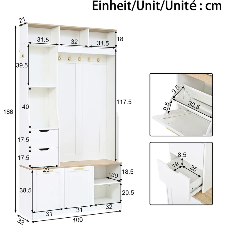 Kompaktgarderobe 100x32x186 cm in Weiß mit Sitzbank, Schuhfächern und App-LED – Bild 5