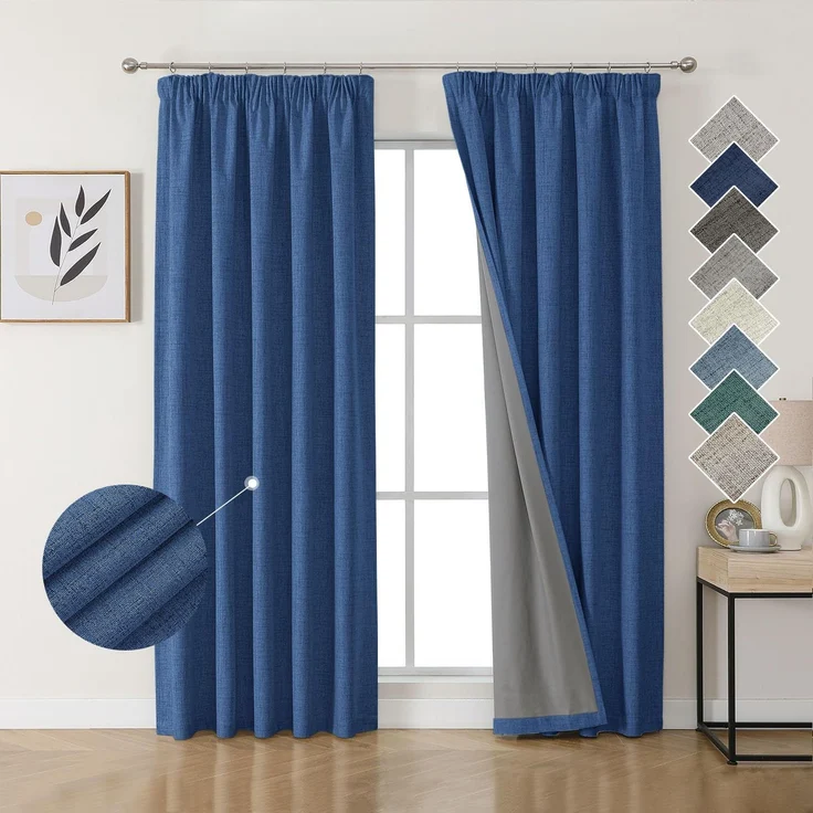 Joydeco 100% Verdunkelungsvorhänge Leinen Gardinen mit Kräuselband 2er Set H200xB140cm Marineblau, Thermovorhang Kälteschutz Blickdicht Schallschutz Ideal für Wohnzimmer passt zu Schienensystemen