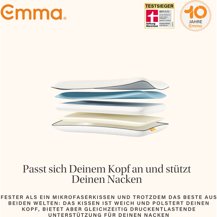 Emma 'Classic' Nackenstützkissen, Stiftung Warentest, 80x40 cm, Höhe 12 cm, 98 % Polyester / 2 % Elasthan weiß – Bild 6