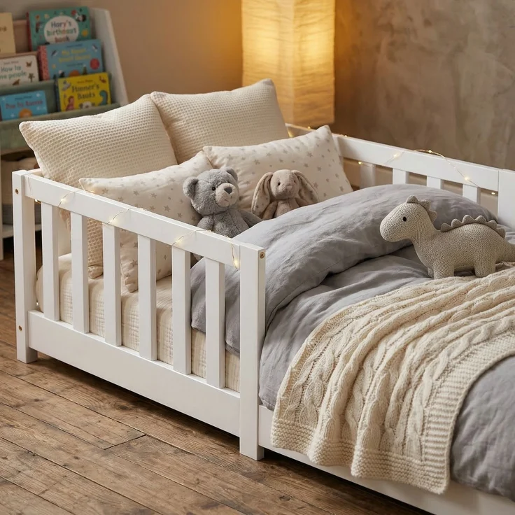 ecoMI Kinderbett mit Rausfallschutz und Lattenrost, Kiefernholz weiß, 80x160 cm – Bild 8