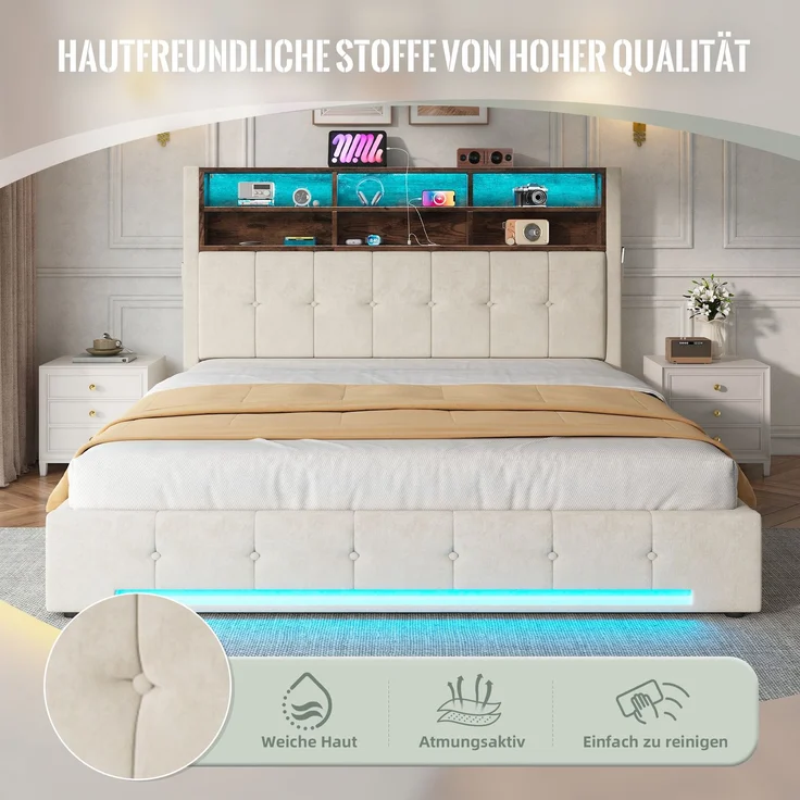 TavilaEcon Polsterbett mit Bettkasten und USB-C-Anschluss beige Liegefläche 180 × 200 cm – Bild 8