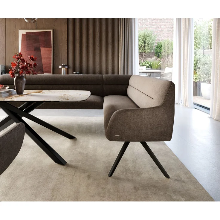 Esszimmerbank Taya-Flex 285x190 cm Strukturstoff Soft Taupe Kreuzgestell kantig Schwarz Taschenfederkern Links – Bild 5