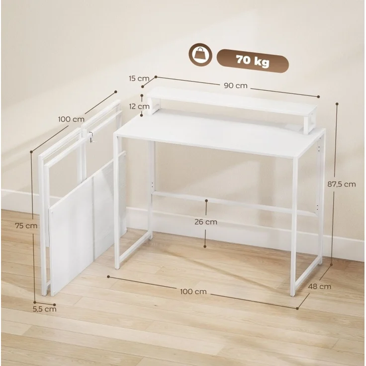 Klappschreibtisch mit abnehmbarem Monitoraufsatz, 100x48x87,5 cm, Weiß – Bild 4