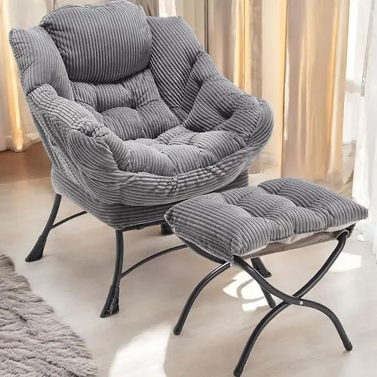 FurnitureR Lazy Chair with Ottoman, Modern Lounge Accent Chair with Armrests and a Side Pocket, Leisure Upholstered Sofa Chair Reading Chair with Footrest for Small Space, Corner Chair-Grey