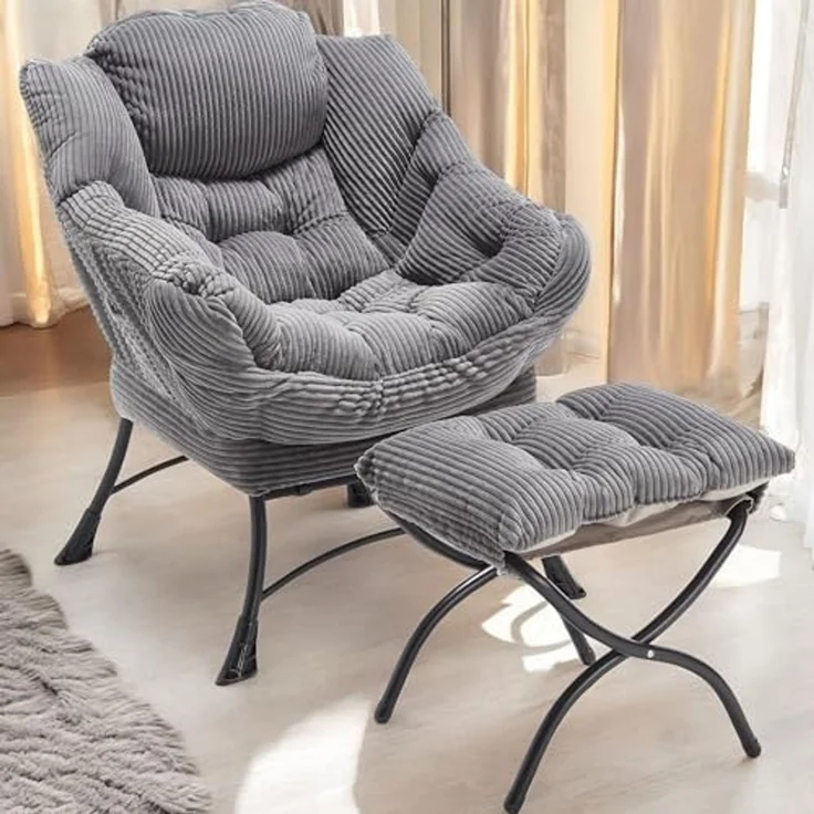 FurnitureR Lazy Chair with Ottoman, Modern Lounge Accent Chair with Armrests and a Side Pocket, Leisure Upholstered Sofa Chair Reading Chair with Footrest for Small Space, Corner Chair-Grey – Bild 1