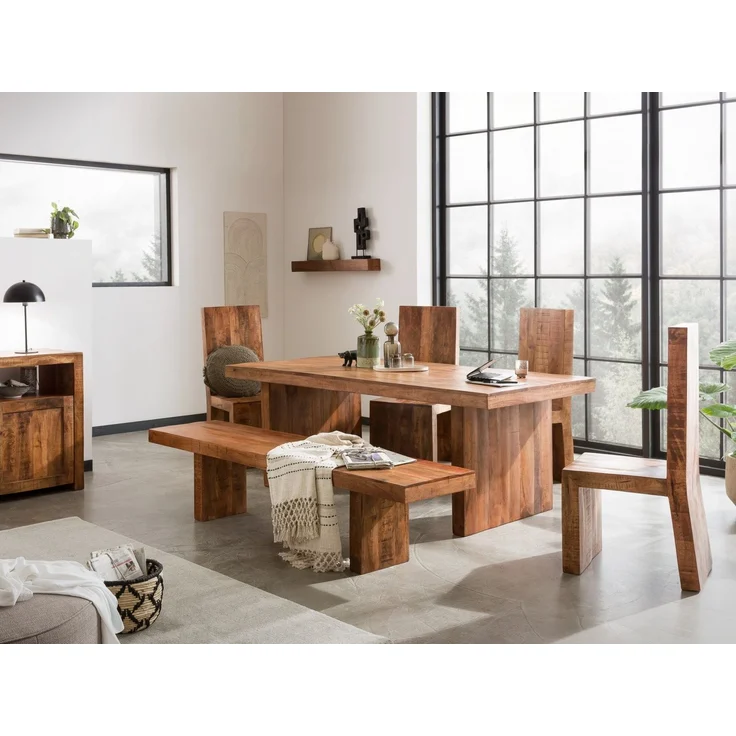 Hol Dir den Landhaus-Charme: Tischgruppe Country | Echtholz Mango | Tisch & 4 Stühle + Bank