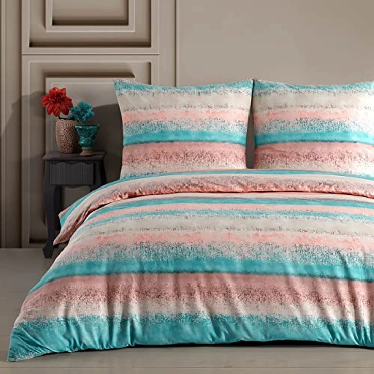 Buymax Bettwäsche Belissim Bettbezug-Set, Renforce: 100% Baumwolle, 2 teilig, 135x200 cm, mit Reißverschluss, Streifen, gestreift, Rose-Türkis – Bild 2