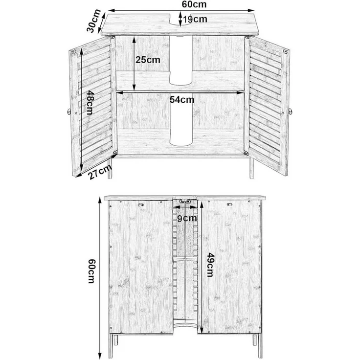EUGAD Waschbeckenunterschrank (1-St) Unterschrank aus Bambus, 60x60x30 cm – Bild 2