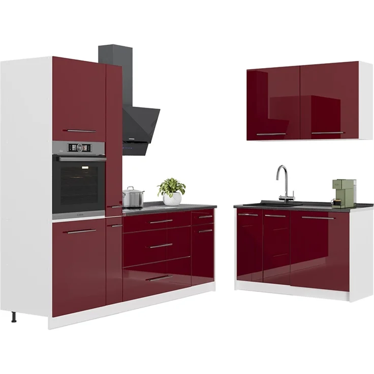 Küchenzeile Fame-Line Bordeaux Hochglanz/Weiß 220x120 cm, AP Anthrazit Vicco – Bild 6