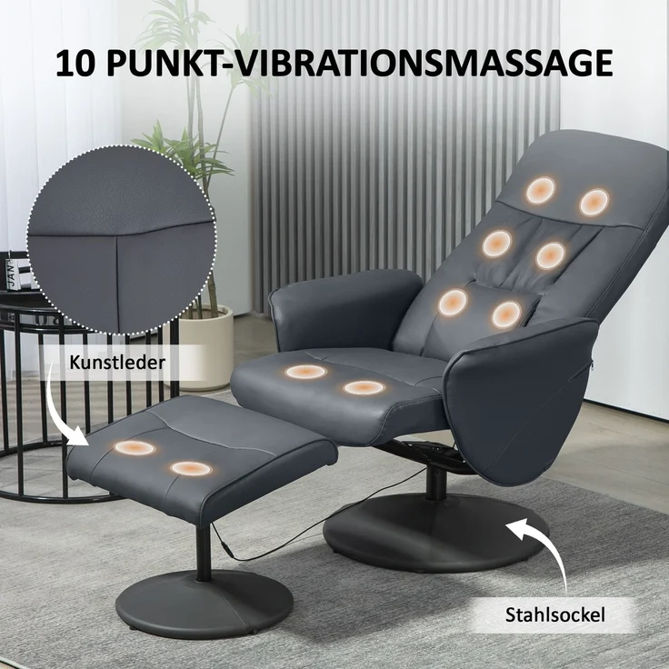 Wohnora-Massagesessel mit Fußhocker, Ergonomischer Stuhl mit 10 Vibrationspunkten, Kunstleder, 76 x 81 x 105 cm, Dunkelgrau,H 1050cm x T 760cm x B 810cm – Bild 5
